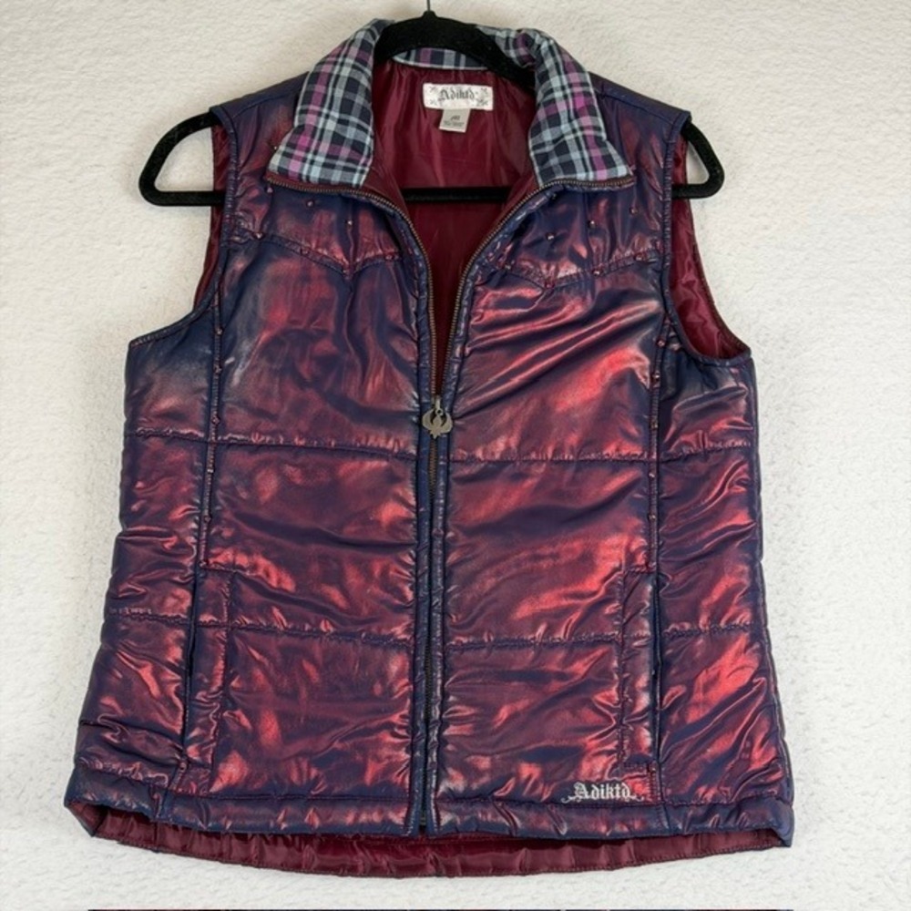 Adiktd Womens Iridescent Puffer Vest Purple Red Metallic Rhinestone Y2K Medium